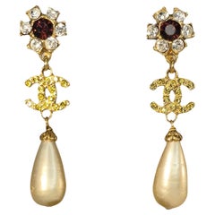 Chanel 1995 Fall Gold Crystal CC Logo and Faux Pearl Drop Clip-On Earrings