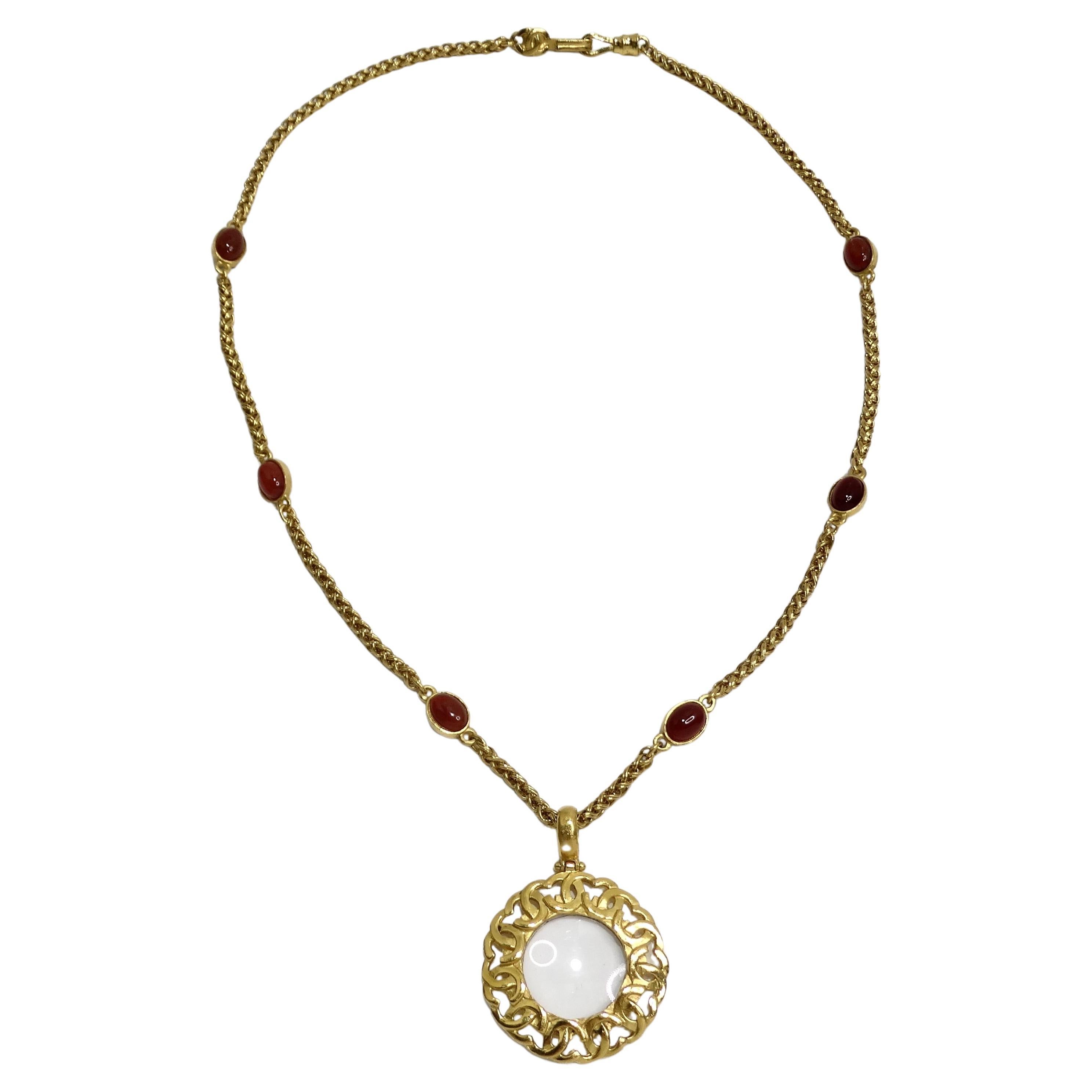 Chanel 1995 Gold Tone Gripoix Glass Pendant Necklace