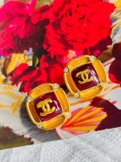 Chanel 1995 Gripoix Iconic Ruby Red Cabochon Crystals CC Coco Square Earrings