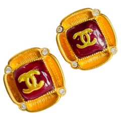 Chanel 1995 Gripoix Iconic Ruby Red Cabochon Crystals CC Coco Square Earrings