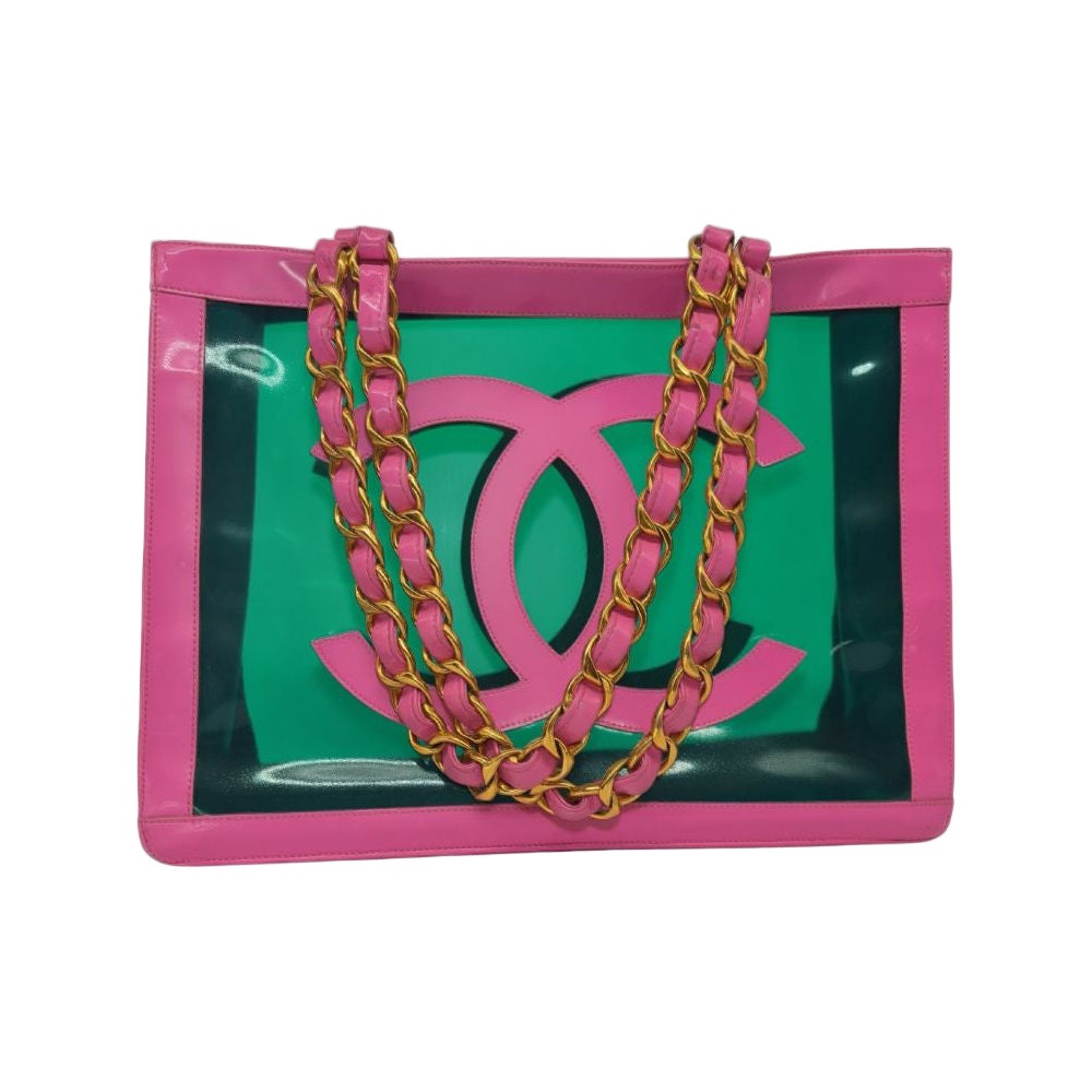 Chanel 1995 S/S Barbie Collection Runway Vintage Pink Patent and Green PVC Tote im Angebot