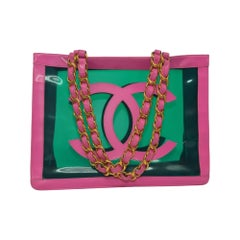 Chanel 1995 S/S Barbie Collection Runway Vintage Pink Patent and Green PVC Tote