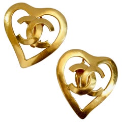 Chanel 1995 Spring Gold 'CC' Heart Earrings 