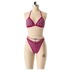 Chanel 1995 Spring Summer Barbie Collection Hot Pink Rhinestone Bikini Size 40