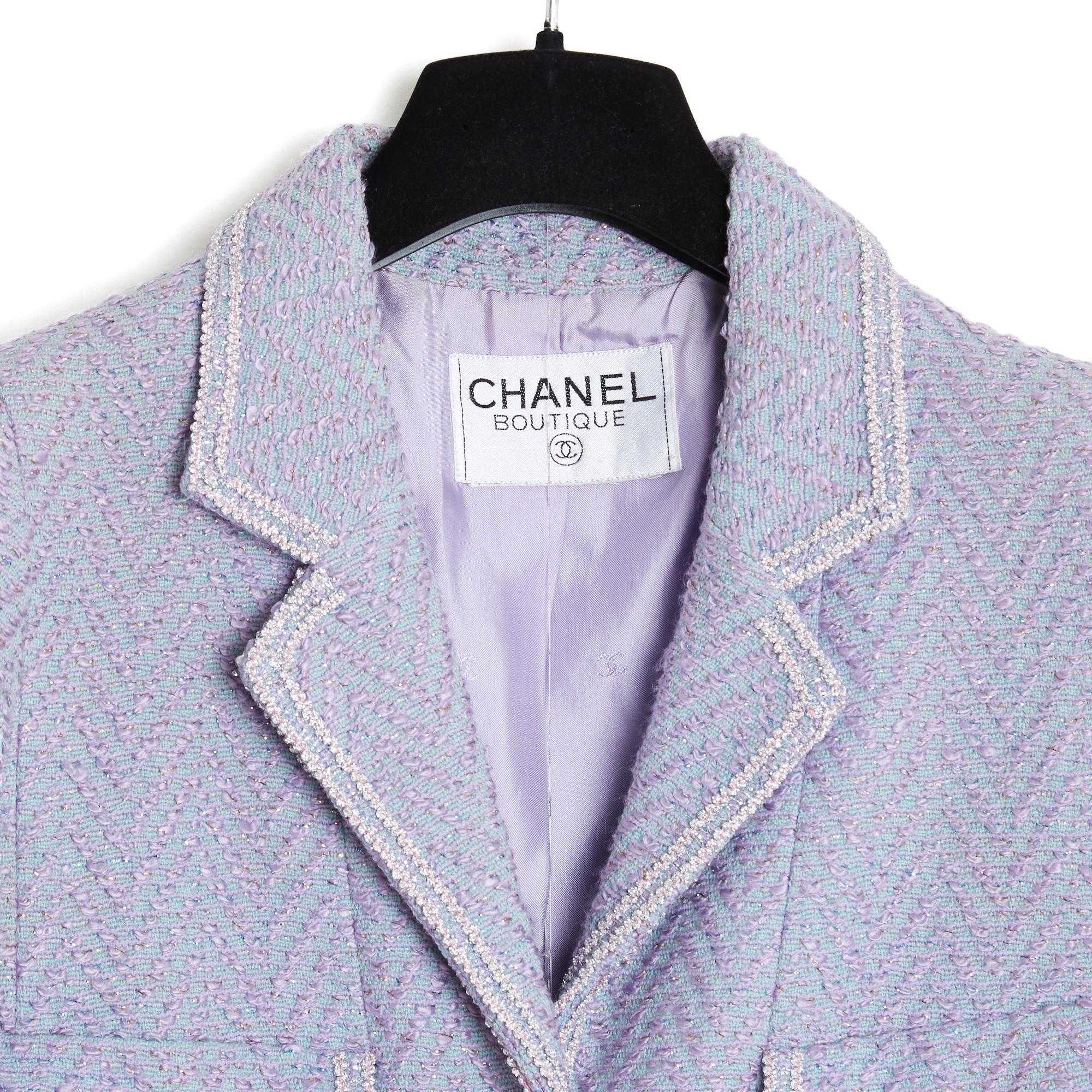 Chanel 1995 Weste FR36 Lila Silber Wolle  Ensemble aus Tweed-Jacke UK8 US6 im Angebot 1