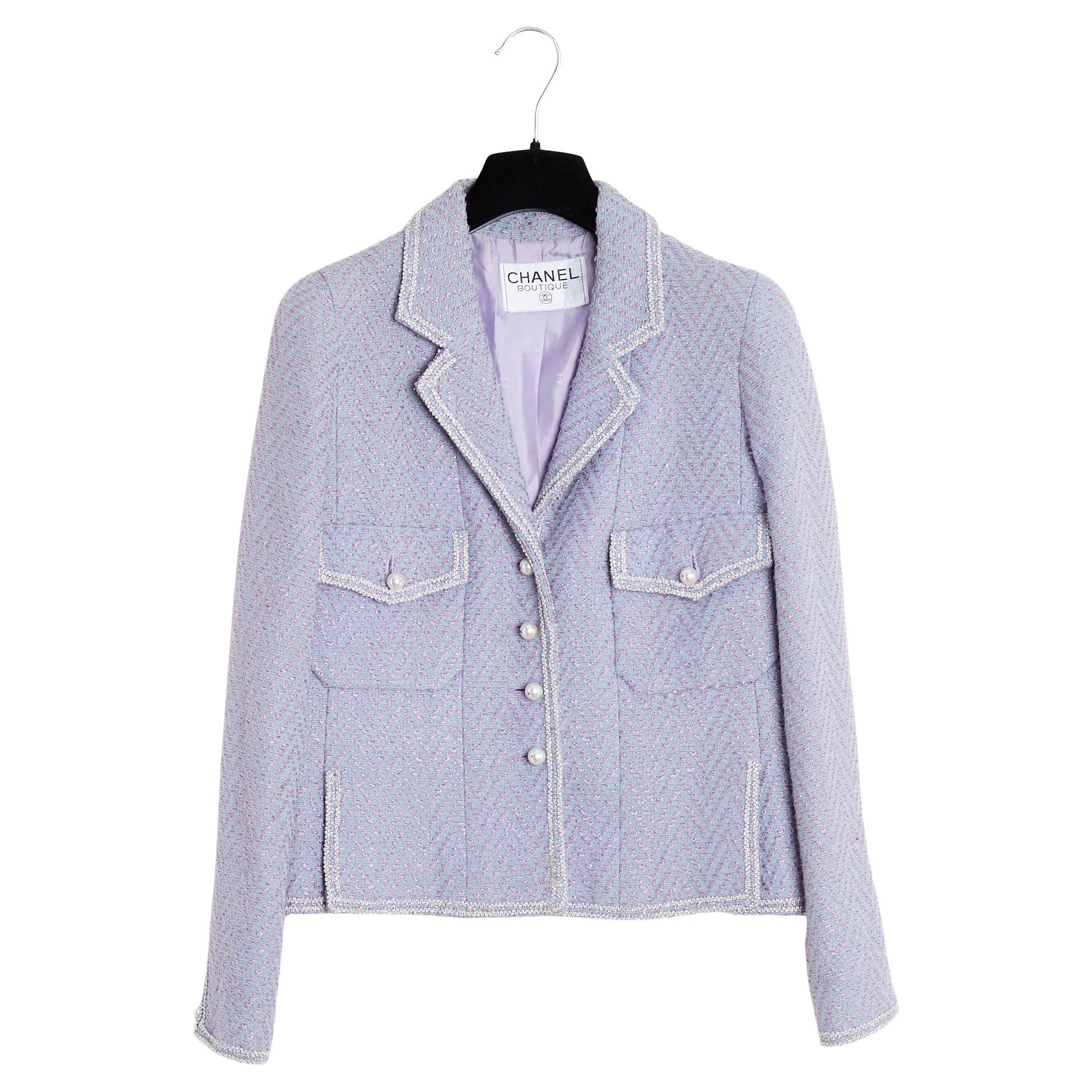 Chanel 1995 Weste FR36 Lila Silber Wolle  Ensemble aus Tweed-Jacke UK8 US6 im Angebot