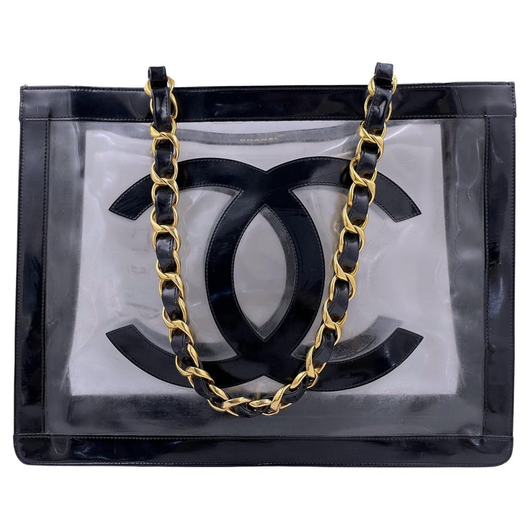 Chanel 1995 Vintage "Barbie" Clear Black Patent Chunky Chain Tote Bag 67049  For Sale at 1stDibs