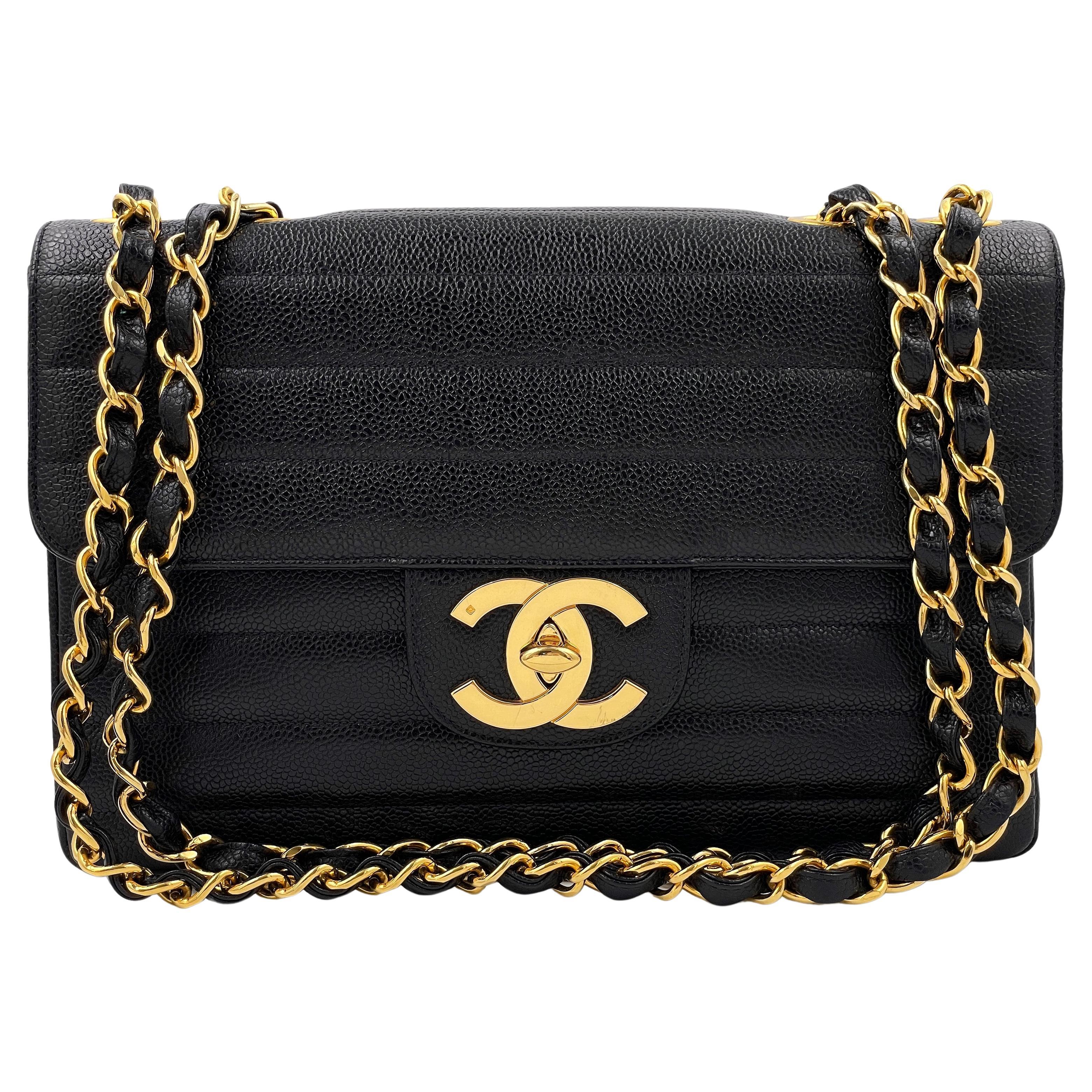Chanel 1995 Vintage Black Caviar Horizontal Classic Jumbo Flap Bag 24K GHW 66782