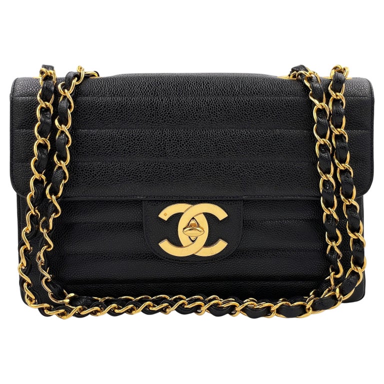Chanel 1995 Vintage Black Caviar Horizontal Classic Jumbo Flap Bag