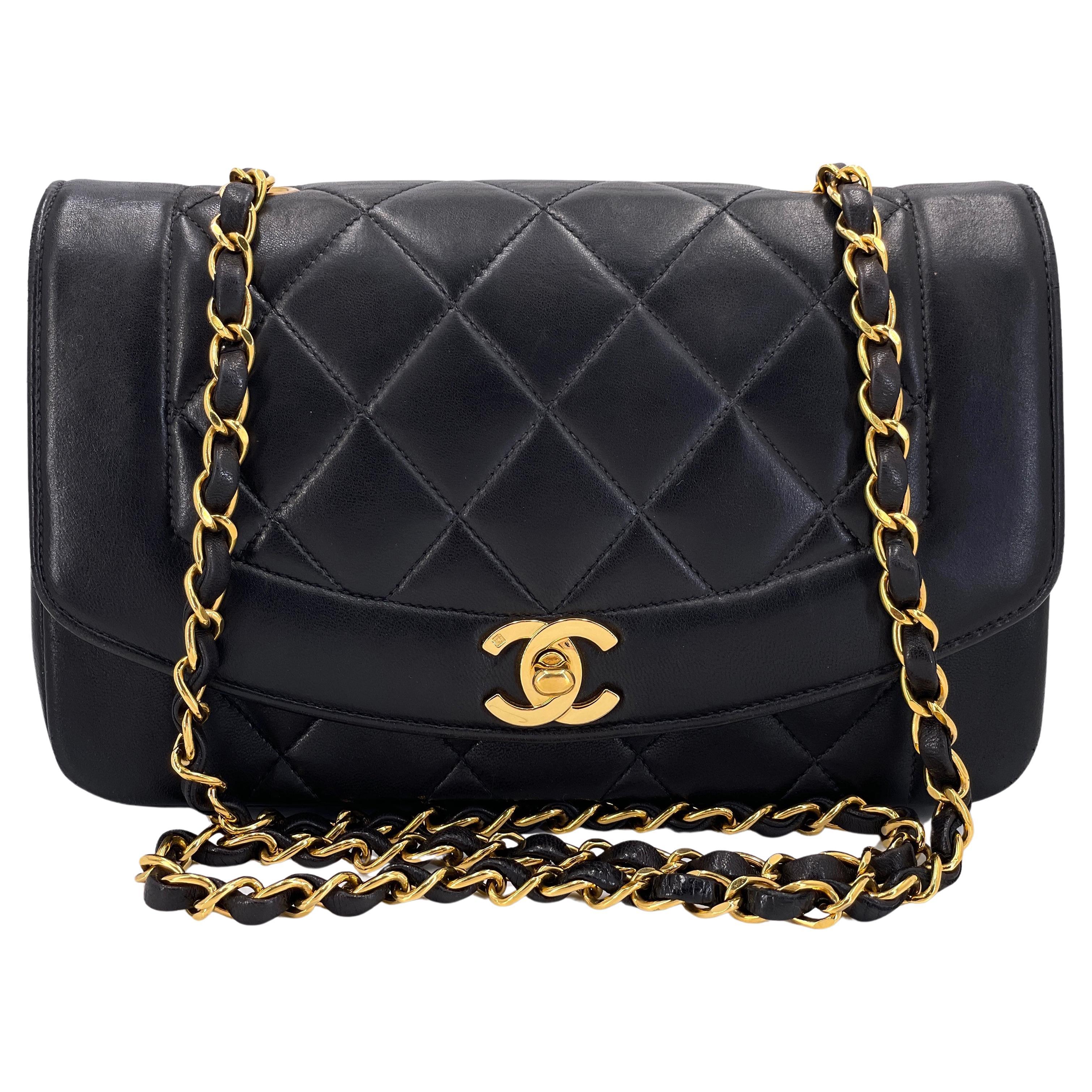 Chanel 1995 Vintage Black Small Diana Bag Lambskin 24k GHW 65663 For Sale