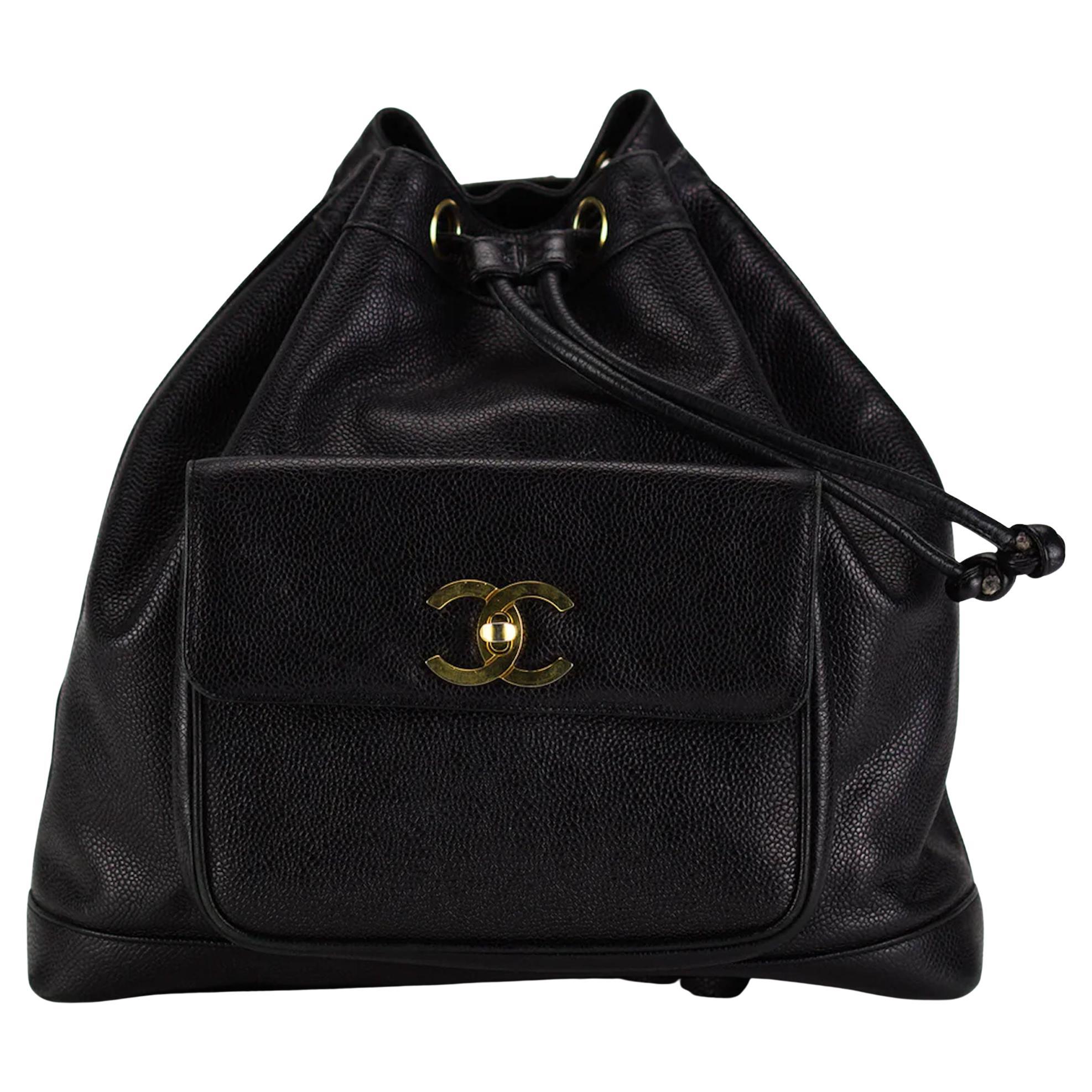 Chanel 1995 Vintage Caviar Drawstring Pocket Backpack For Sale at