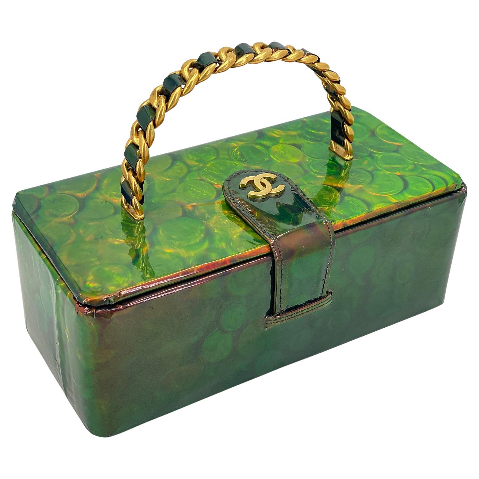 Chanel 1995 Vintage Holographic Green Vanity Case Bag 24k GHW 68337 For Sale