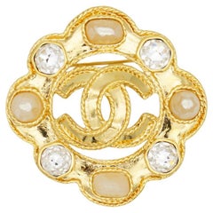 Chanel 1995 Vintage Rare Gold Large Gripoix Coco Pink Pearls Cabochon Brooch