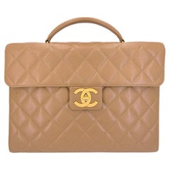 Chanel 1995 Vintage Taupe Beige Caviar Briefcase Tote Bag 24k GHW 68580