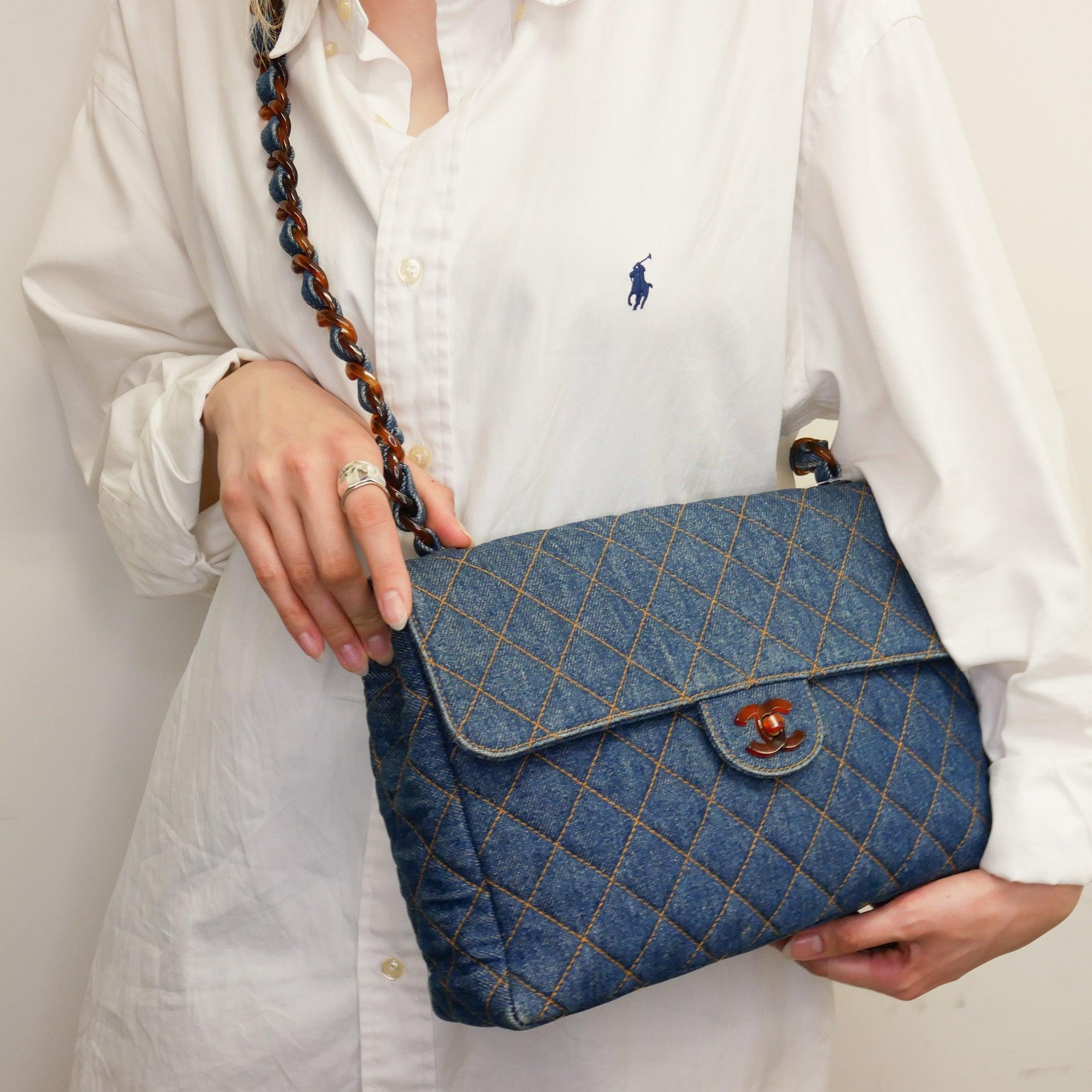 Chanel 1996-1997 Denim Faux Tortoiseshell Chain Classic Flap Jumbo Bag 8