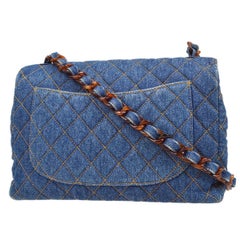 Chanel 1996-1997 Denim Faux Tortoiseshell Chain Classic Flap Jumbo Bag