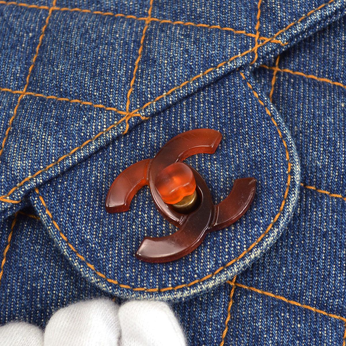 Women's Chanel 1996-1997 Denim Faux Tortoiseshell Chain Classic Flap Jumbo Bag