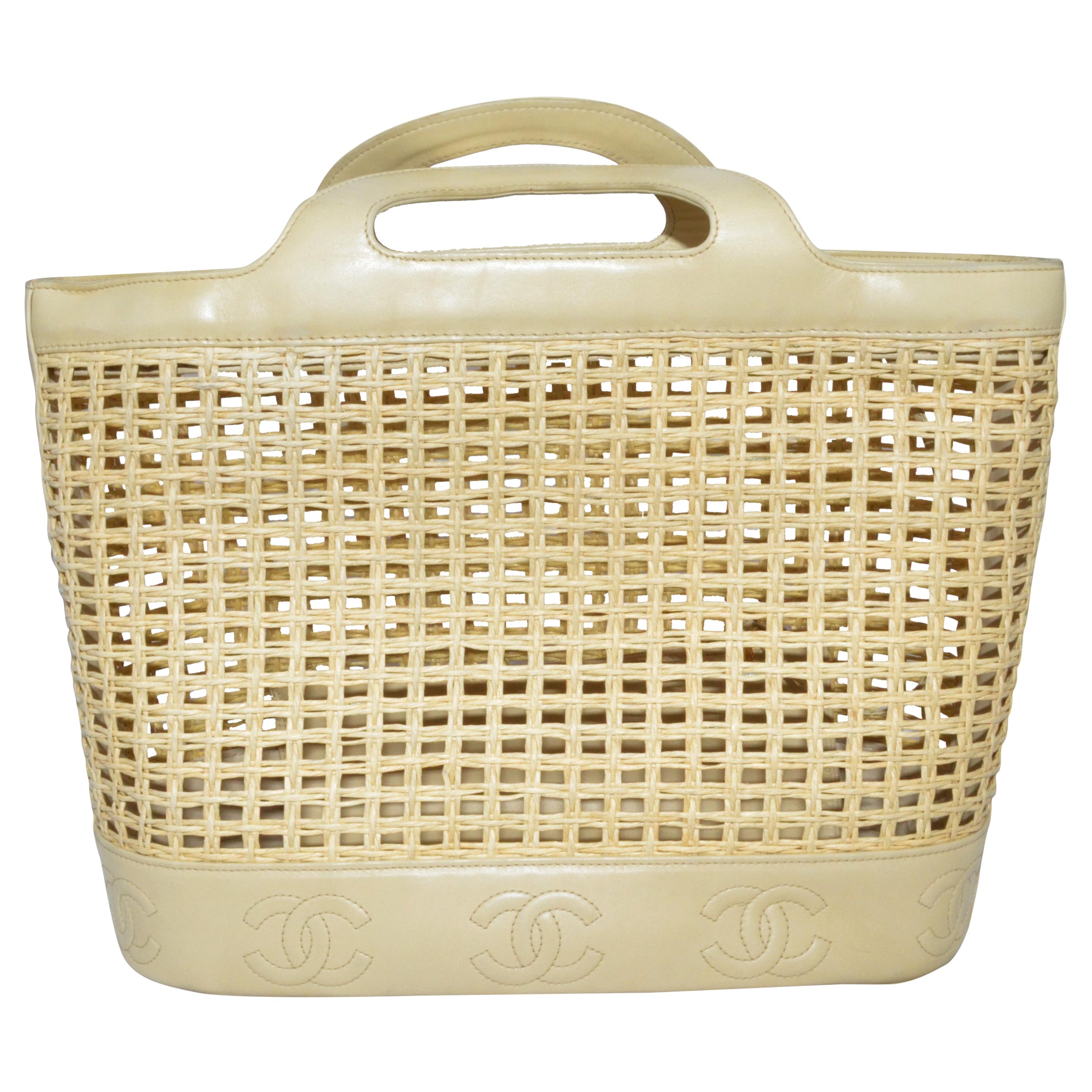 Chanel 1996-97 Vintage Beige Leather Woven Tote Bag