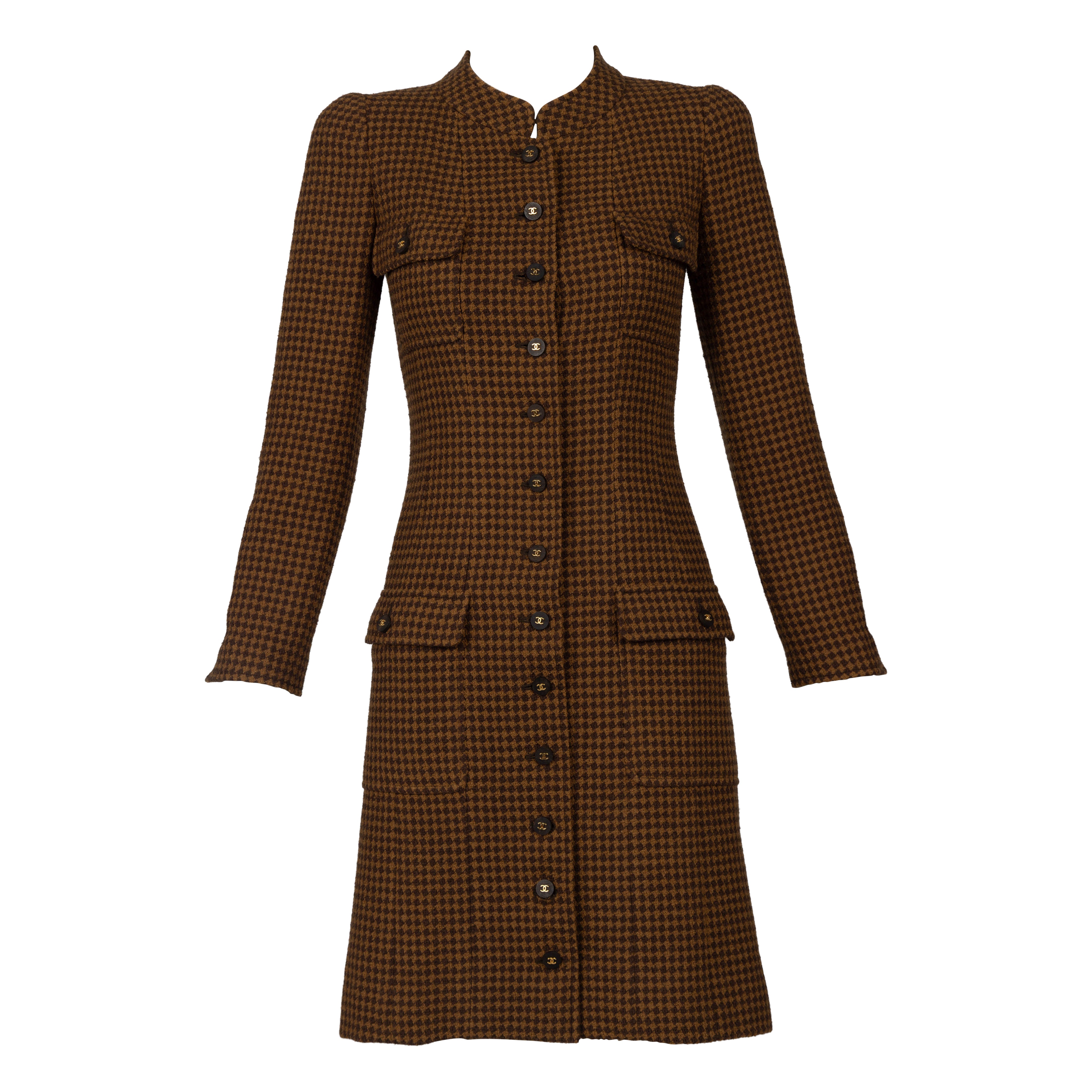 Chanel 1996 A Collection S Robe manteau en laine tailleur - Micro carreaux marron