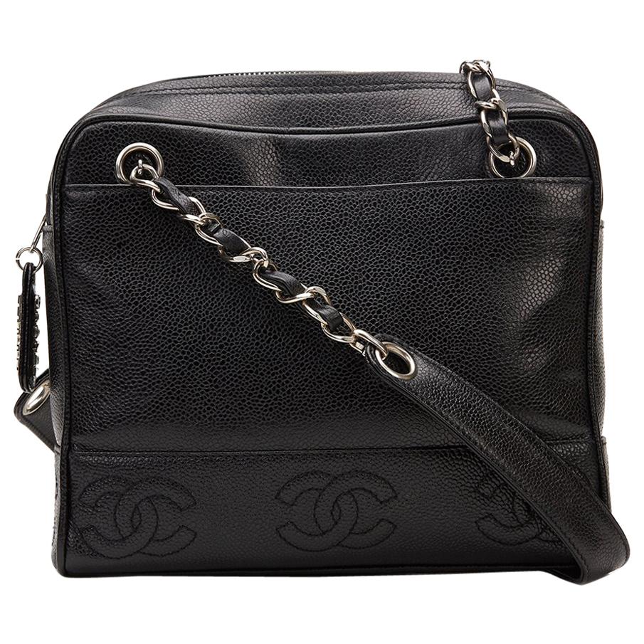 Chanel 1996 Black Caviar Leather Vintage Timeless Logo Trim Shoulder Bag