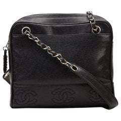 Chanel 1996 Black Caviar Leather Vintage Timeless Logo Trim Shoulder Bag