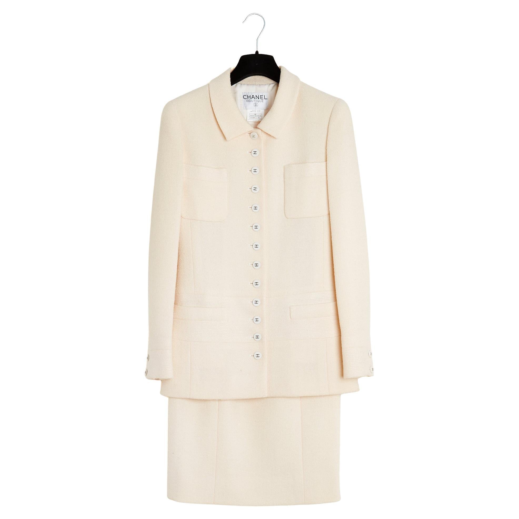 Chanel 1996 Ensemble Veste Jupe FR42 Ecru Boucle CC Jacket Skirt Suit UK14 US10