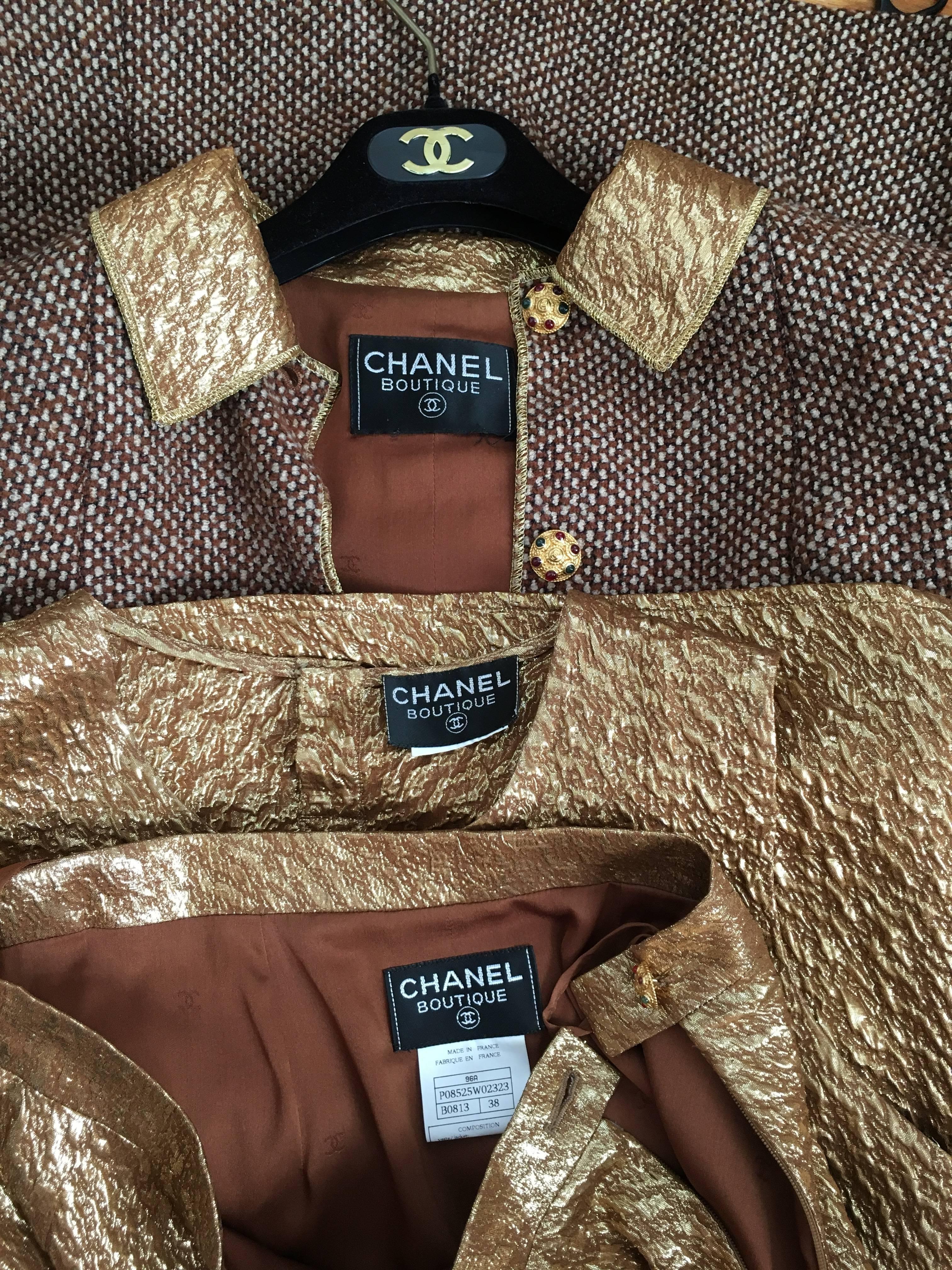 Chanel 1996 Gold Top & Pants with Tan Tweed Jacket Set Size 4. For Sale 3