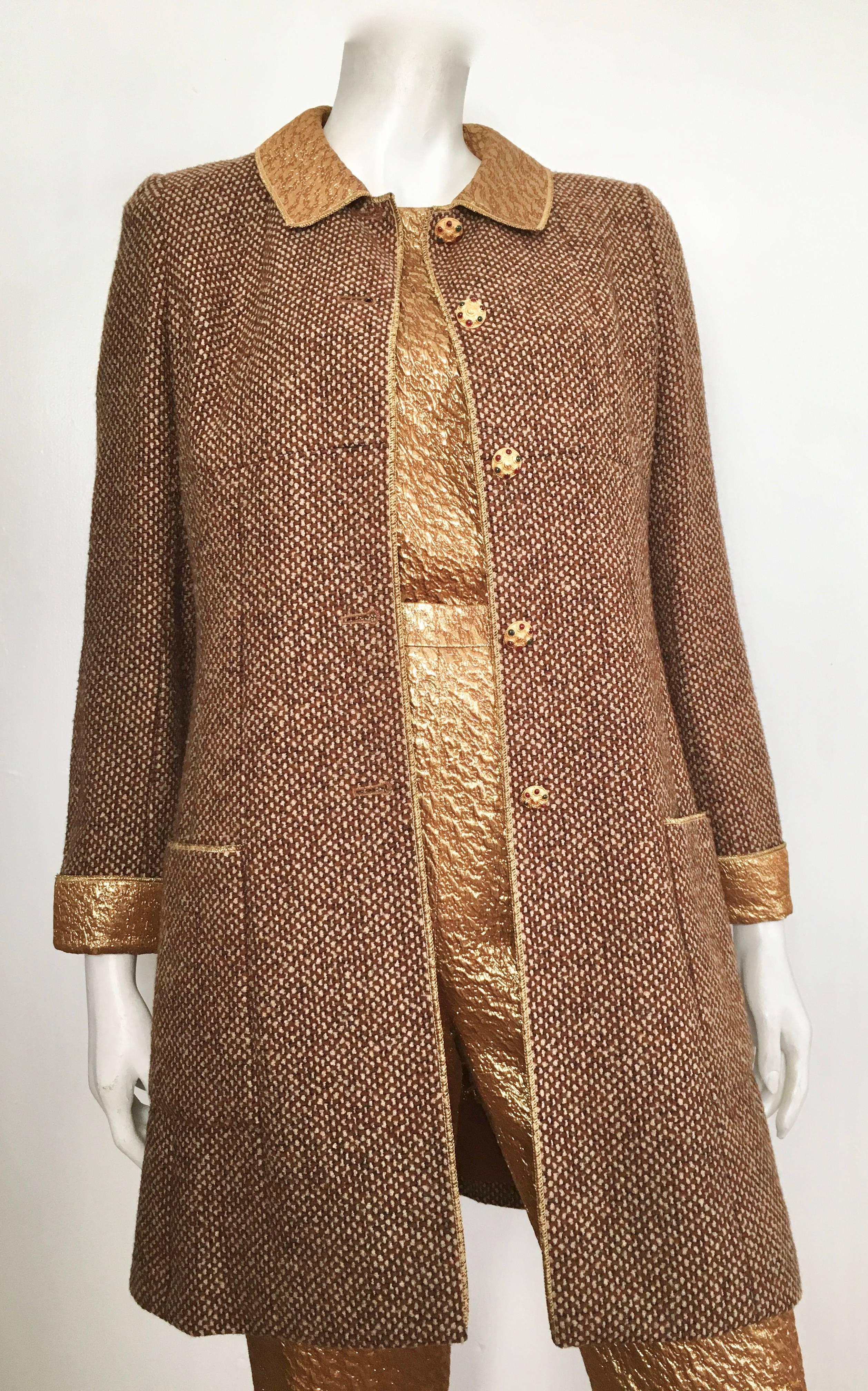 Chanel 1996 gold silk lame brocade set with tan tweed jacket / coat & gripoix buttons is a French size 38 and fits a size 4.  Stunning sleeveless gold lame top has Chanel logo button on back of neck and top is not lined. The sexy pants with gripoix