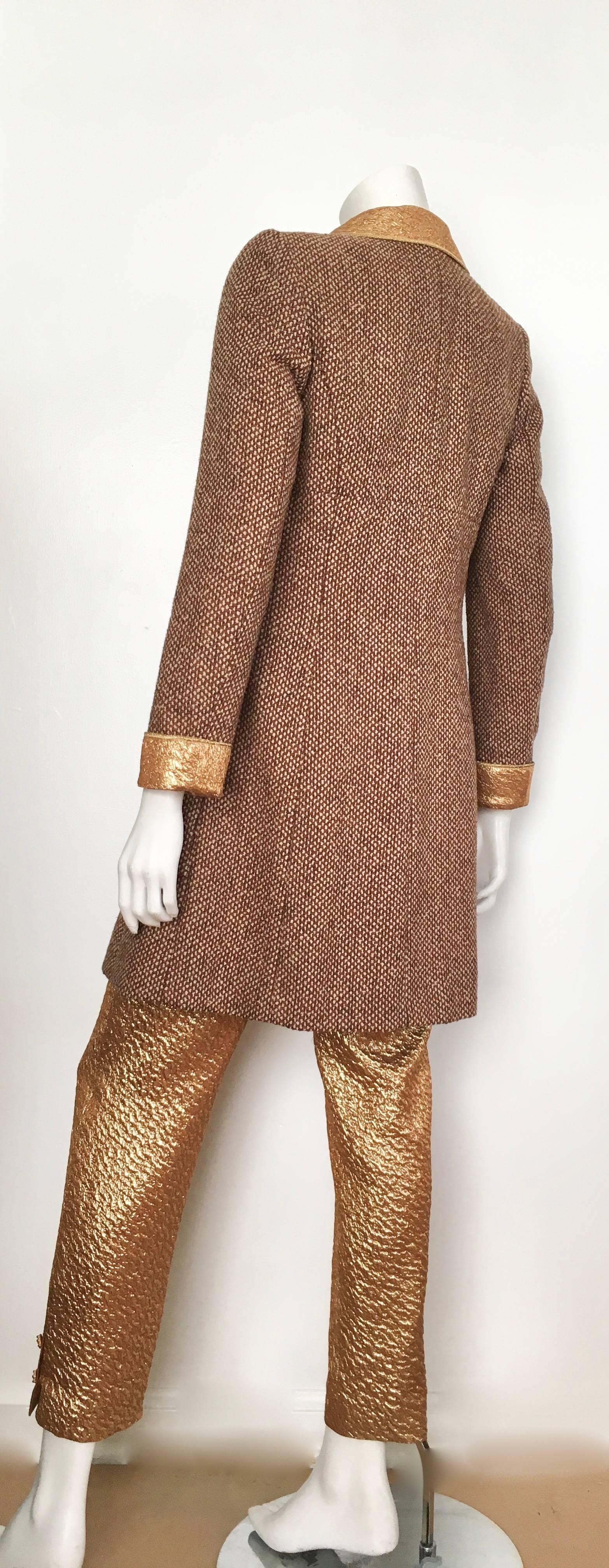 Brown Chanel 1996 Gold Top & Pants with Tan Tweed Jacket Set Size 4. For Sale