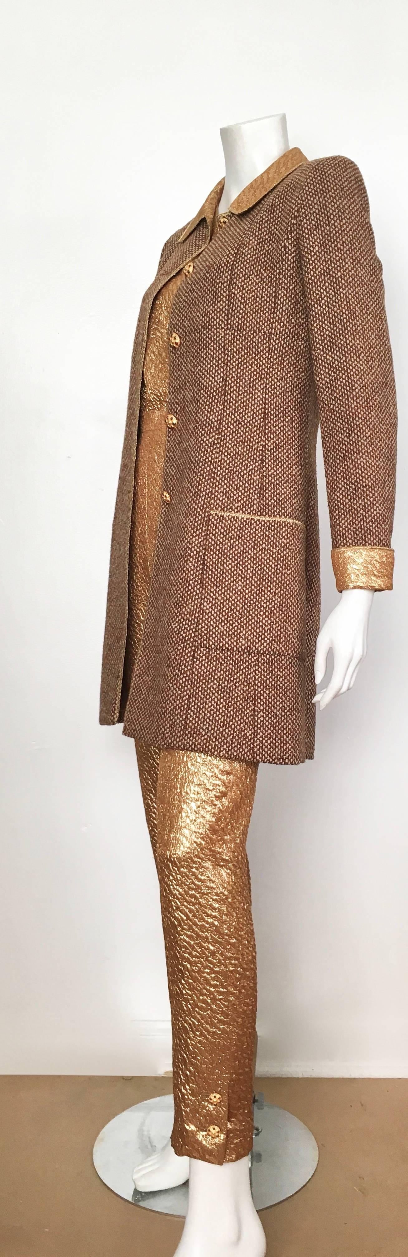 Chanel 1996 Gold Top & Pants with Tan Tweed Jacket Set Size 4. In Excellent Condition For Sale In Atlanta, GA
