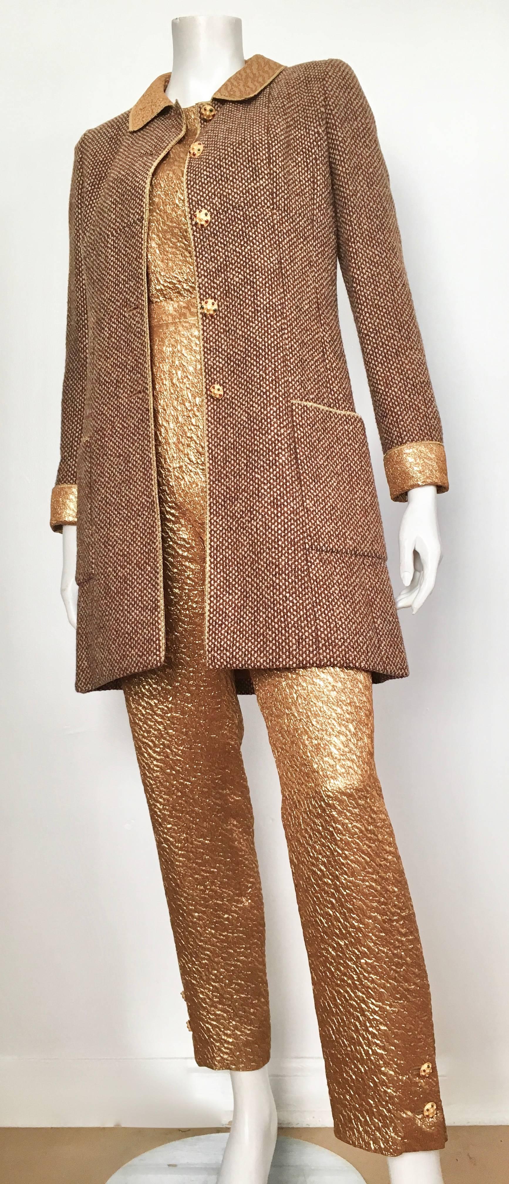 Women's or Men's Chanel 1996 Gold Top & Pants with Tan Tweed Jacket Set Size 4. For Sale