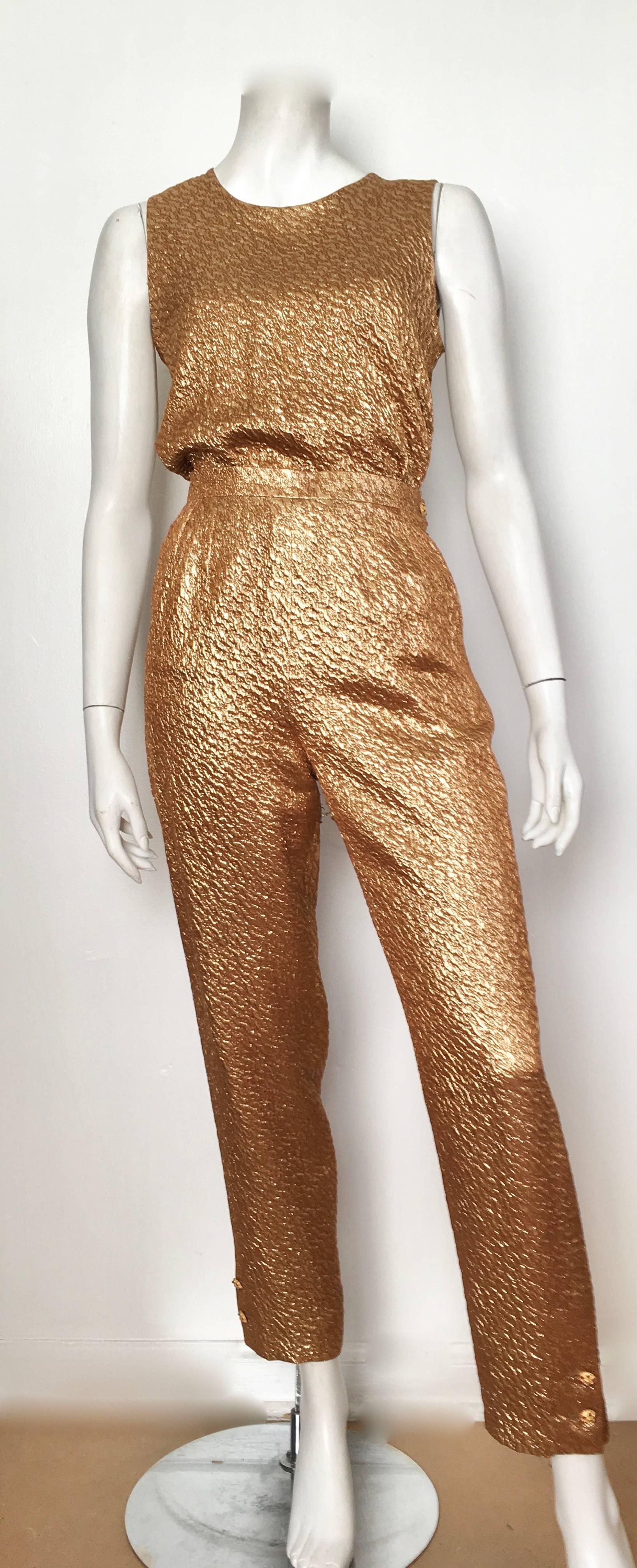 Chanel 1996 Gold Top & Pants with Tan Tweed Jacket Set Size 4. For Sale 1