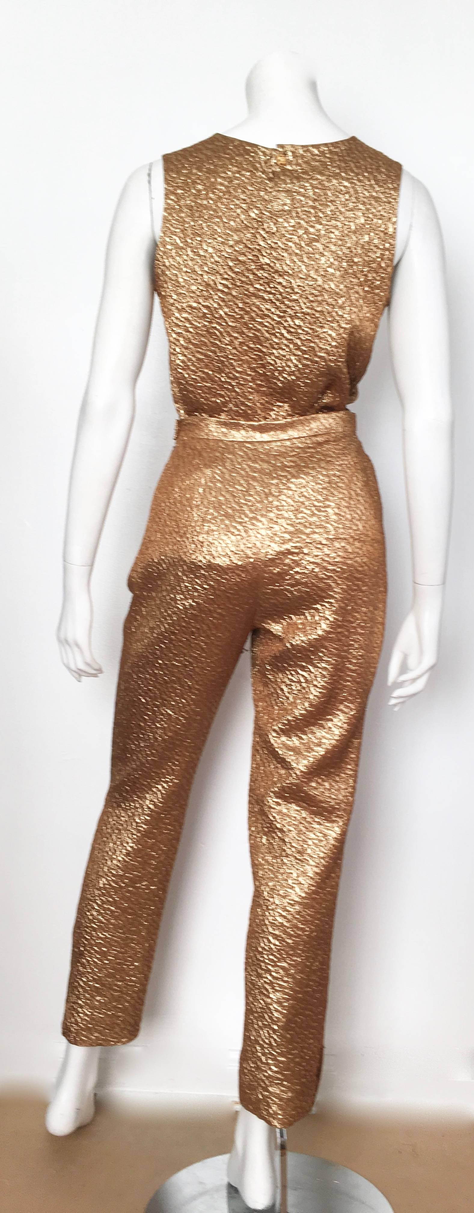 Chanel 1996 Gold Top & Pants with Tan Tweed Jacket Set Size 4. For Sale 2