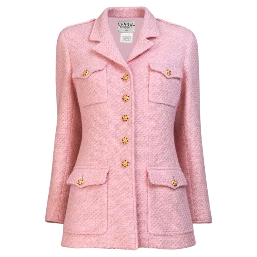 CHANEL 1996 Iconic Pastel Pink Tweed with CC Gripoix Buttons 40 FR