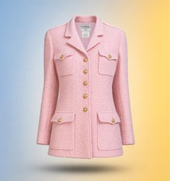 CHANEL 1996 Iconic Pastel Pink Tweed with CC Gripoix Buttons 40 FR