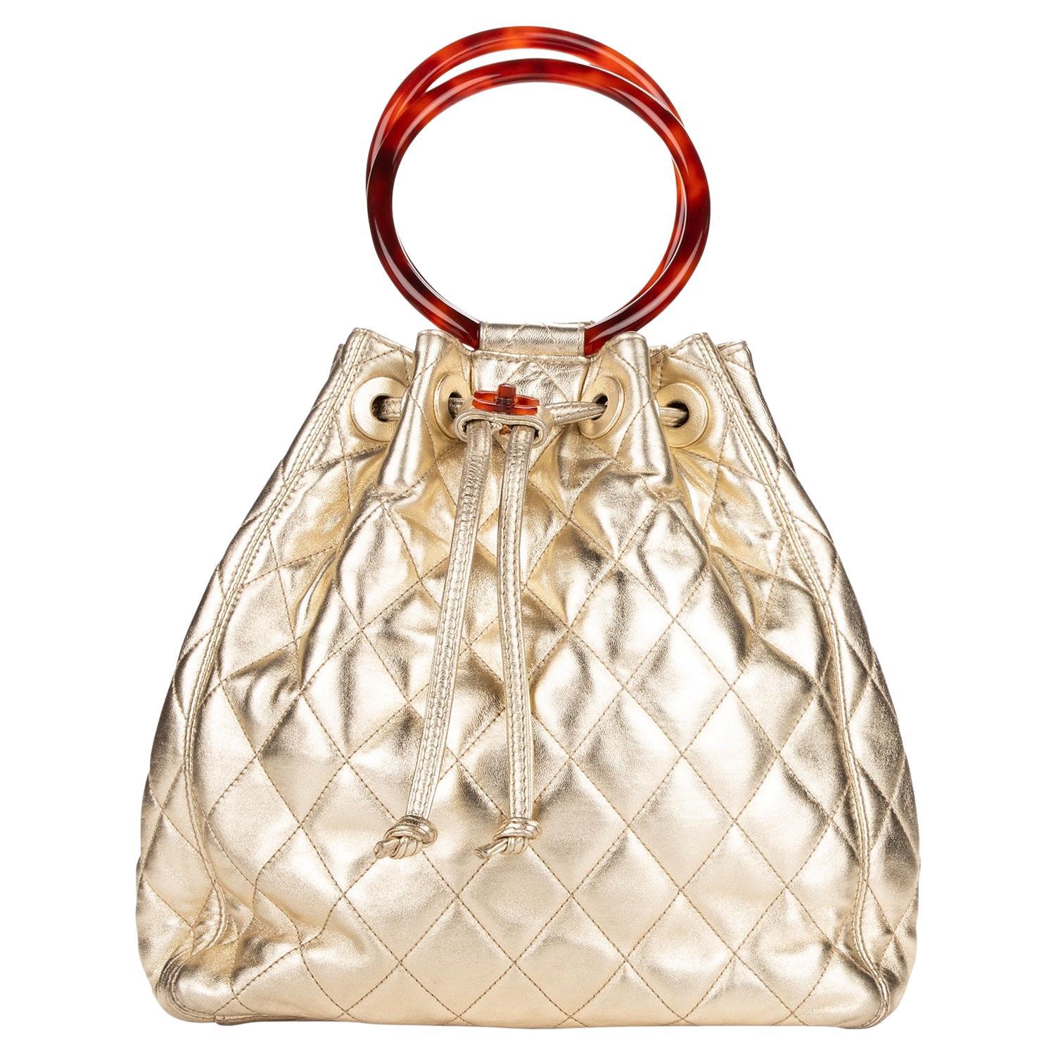 Chanel 1996 Mademoiselle Tortoise Drawstring Top Handle For Sale
