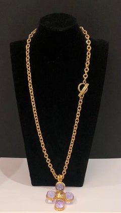 CHANEL By Goossens Cross Pendant Cabochons Necklace CC Logo Gold 1996