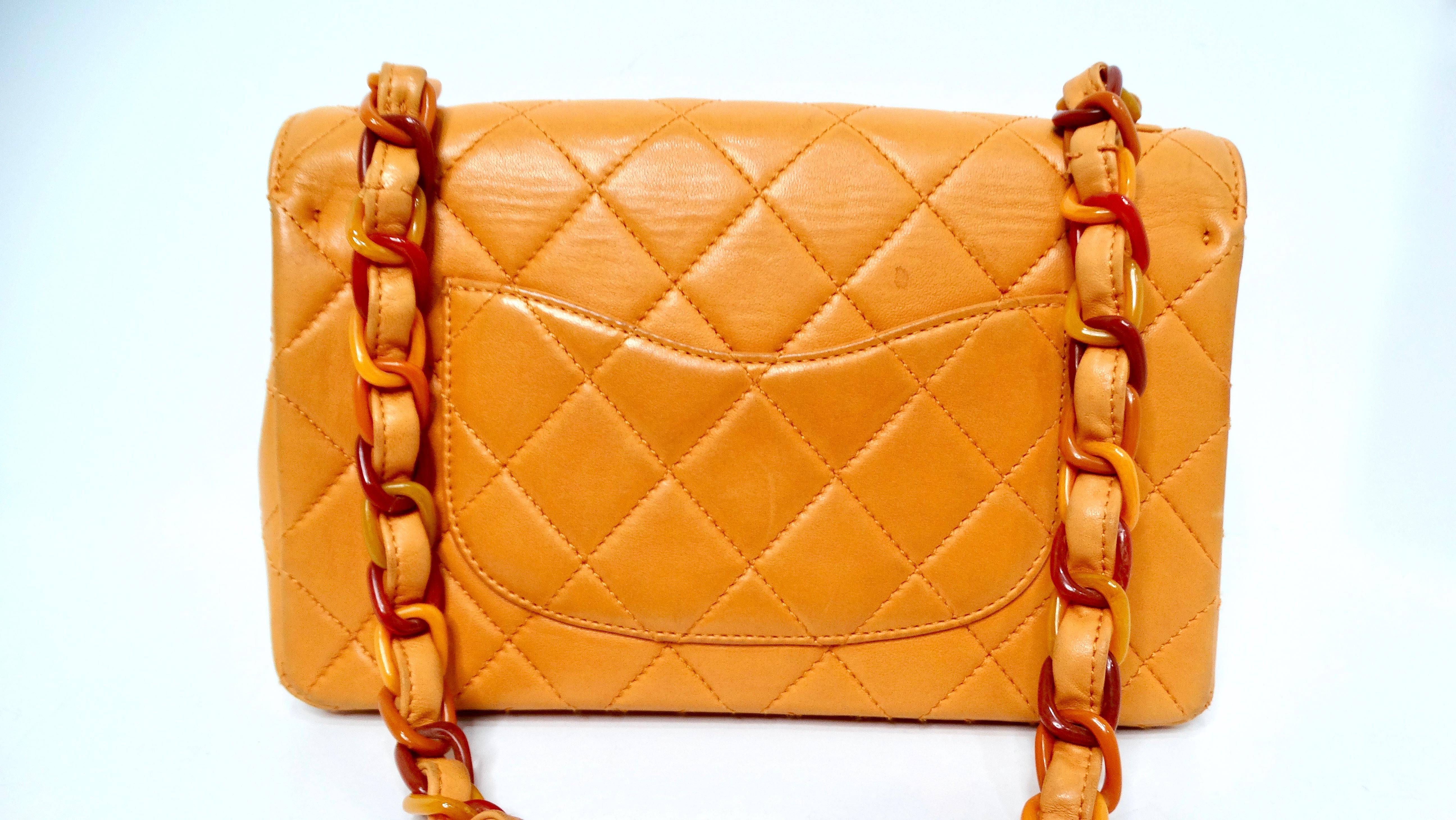 Chanel 1996 Orange Carmel Lambskin Quilted Single Flap Bag With Lacquer Chain In Fair Condition In Scottsdale, AZ