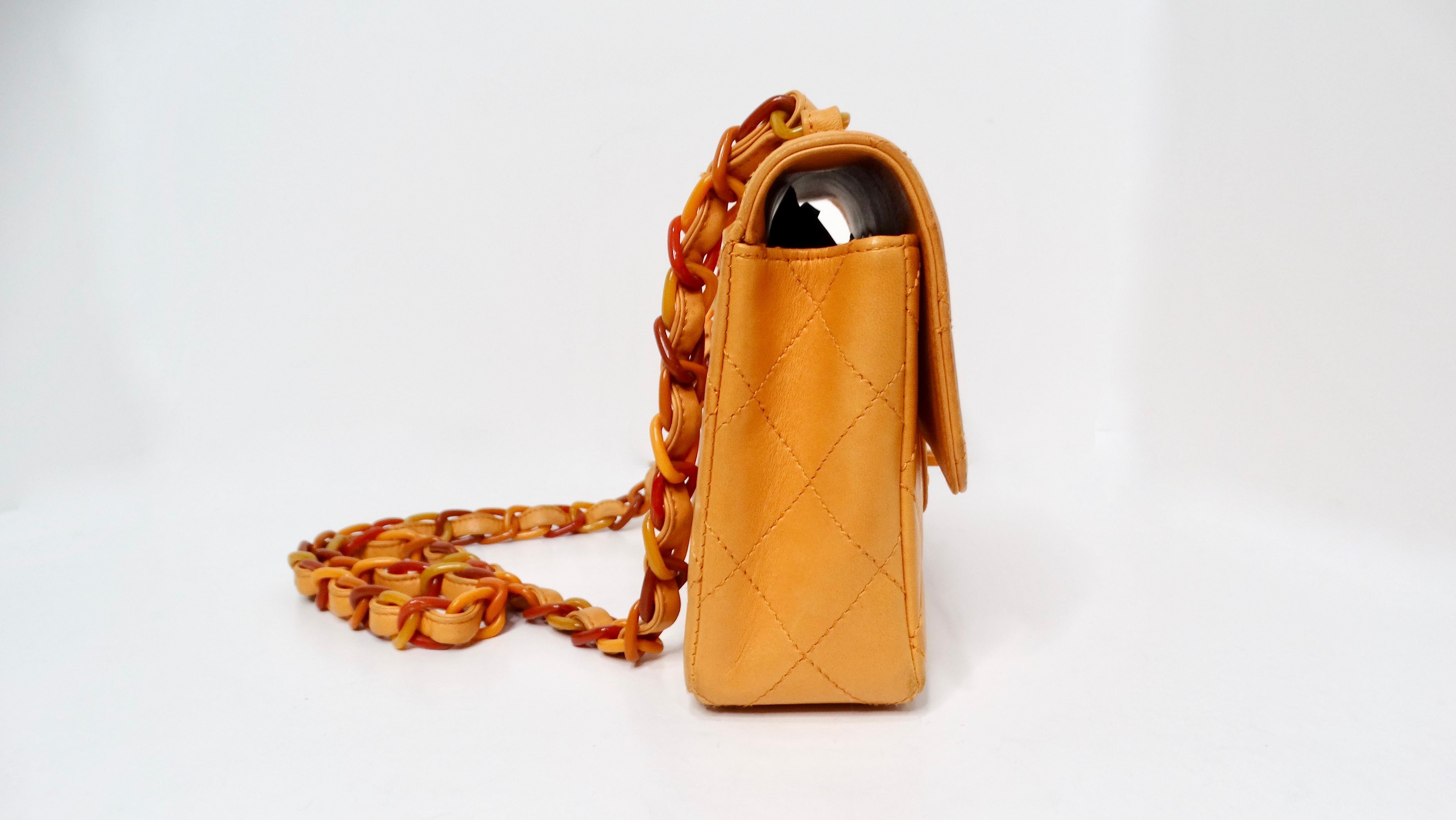 Women's Chanel 1996 Orange Carmel Lambskin Quilted Single Flap Bag With Lacquer Chain
