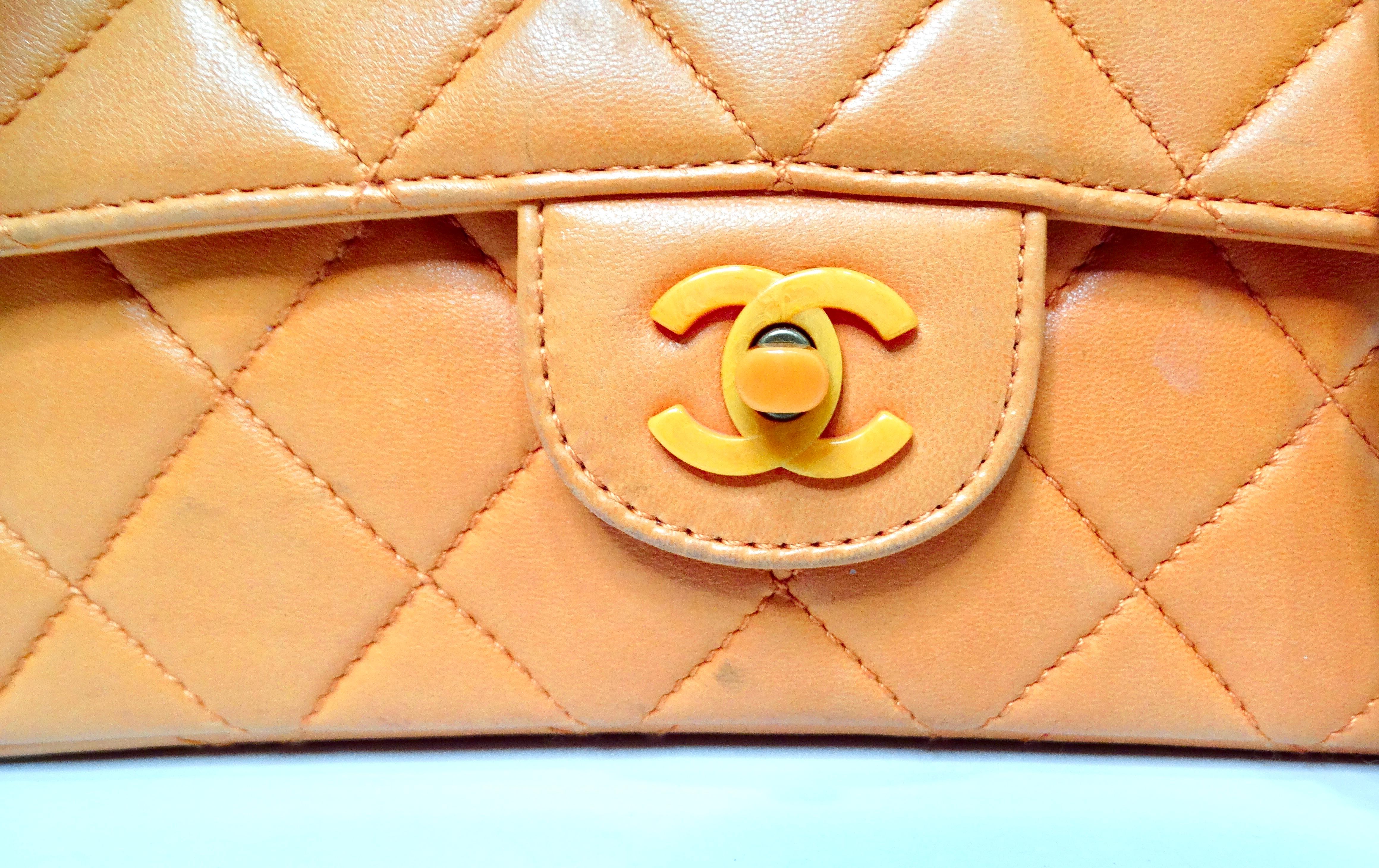 Chanel 1996 Orange Carmel Lambskin Quilted Single Flap Bag With Lacquer Chain 1