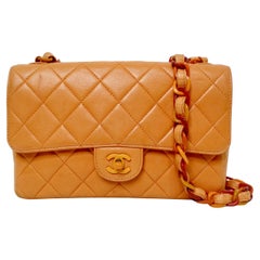 Chanel 1996 Orange Carmel Lambskin Quilted Single Flap Bag With Lacquer Chain