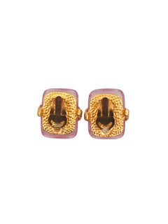 Chanel 1996 Pink Glass Rectangle With Gold Logo Earrings