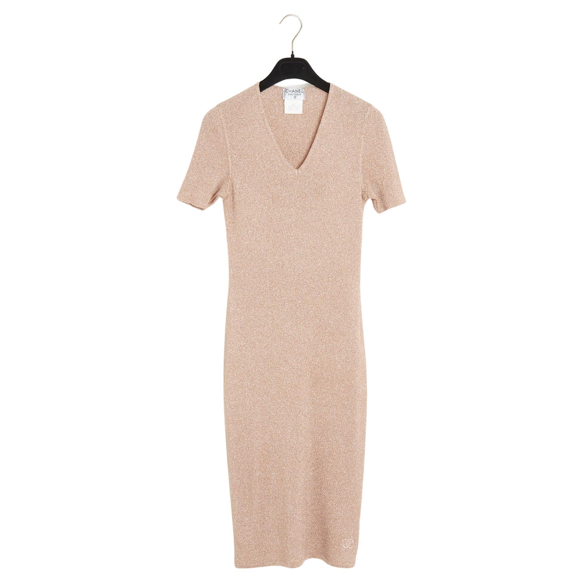 Chanel 1996 Robe beige doré FR40 Beige Metallic Lurex CC Slip Dress UK12 US10 For Sale
