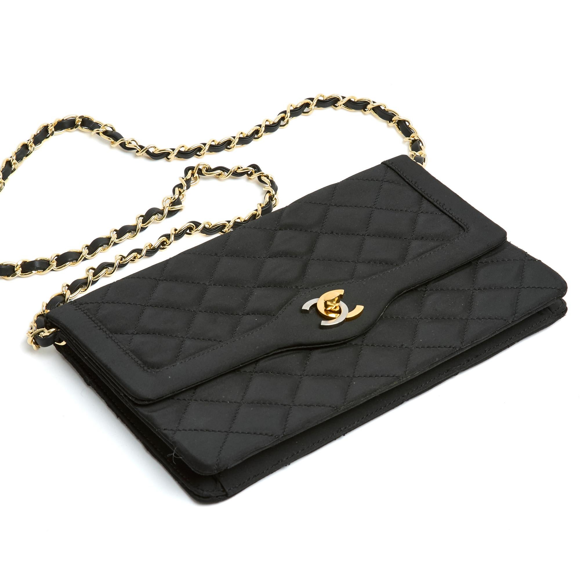 Chanel 1996 Sac Pochette Haute Couture Black Satin Shoulder Bag Clutch 2 chains For Sale 1