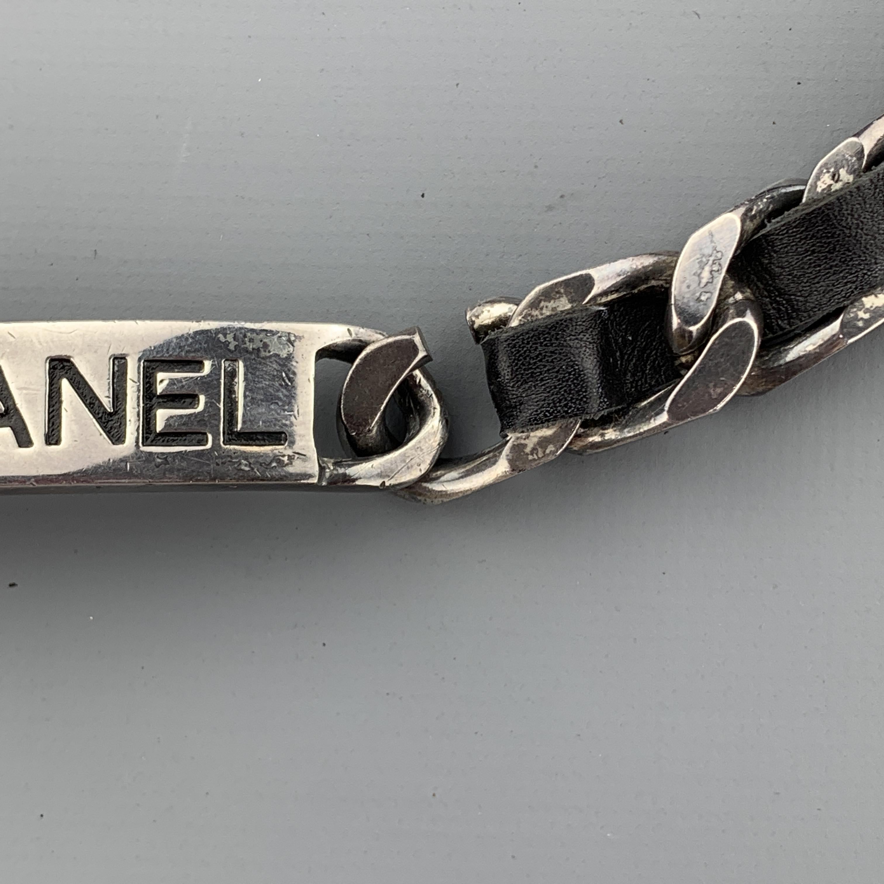 CHANEL 1996 Silver Tone Metal Black Leather Woven Curb Chain Label Plaque Belt 3