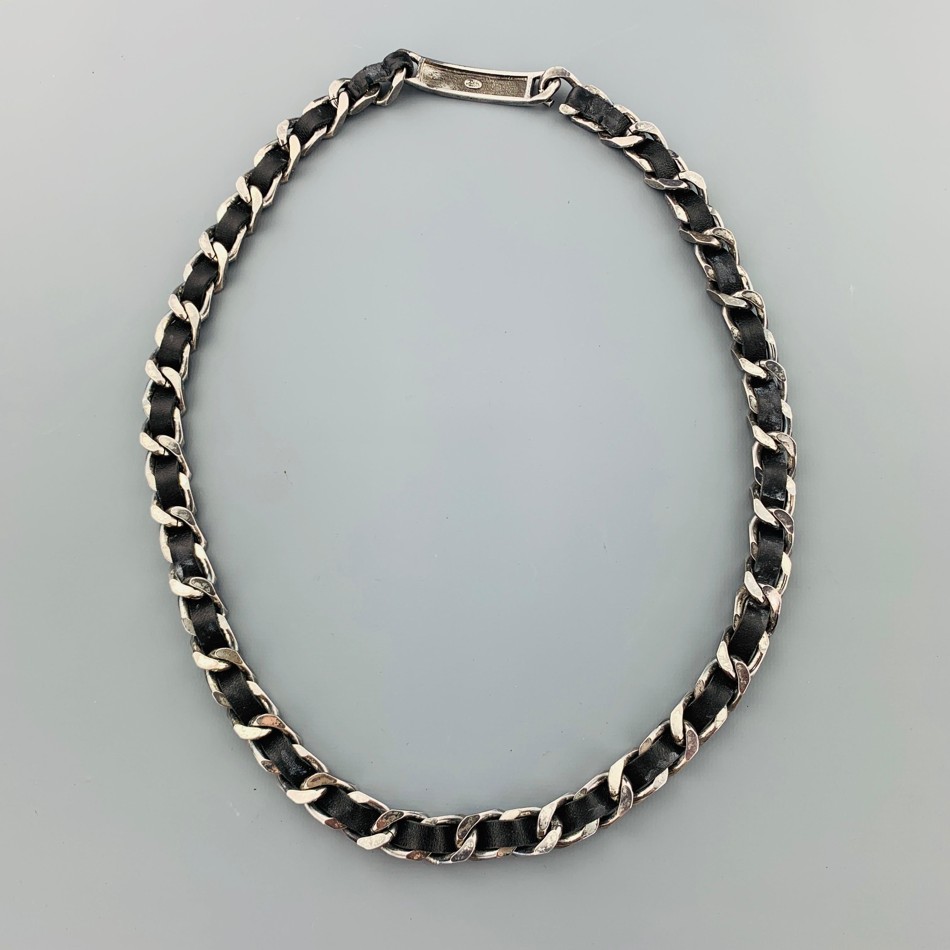 CHANEL 1996 Silver Tone Metal Black Leather Woven Curb Chain Label Plaque Belt 4