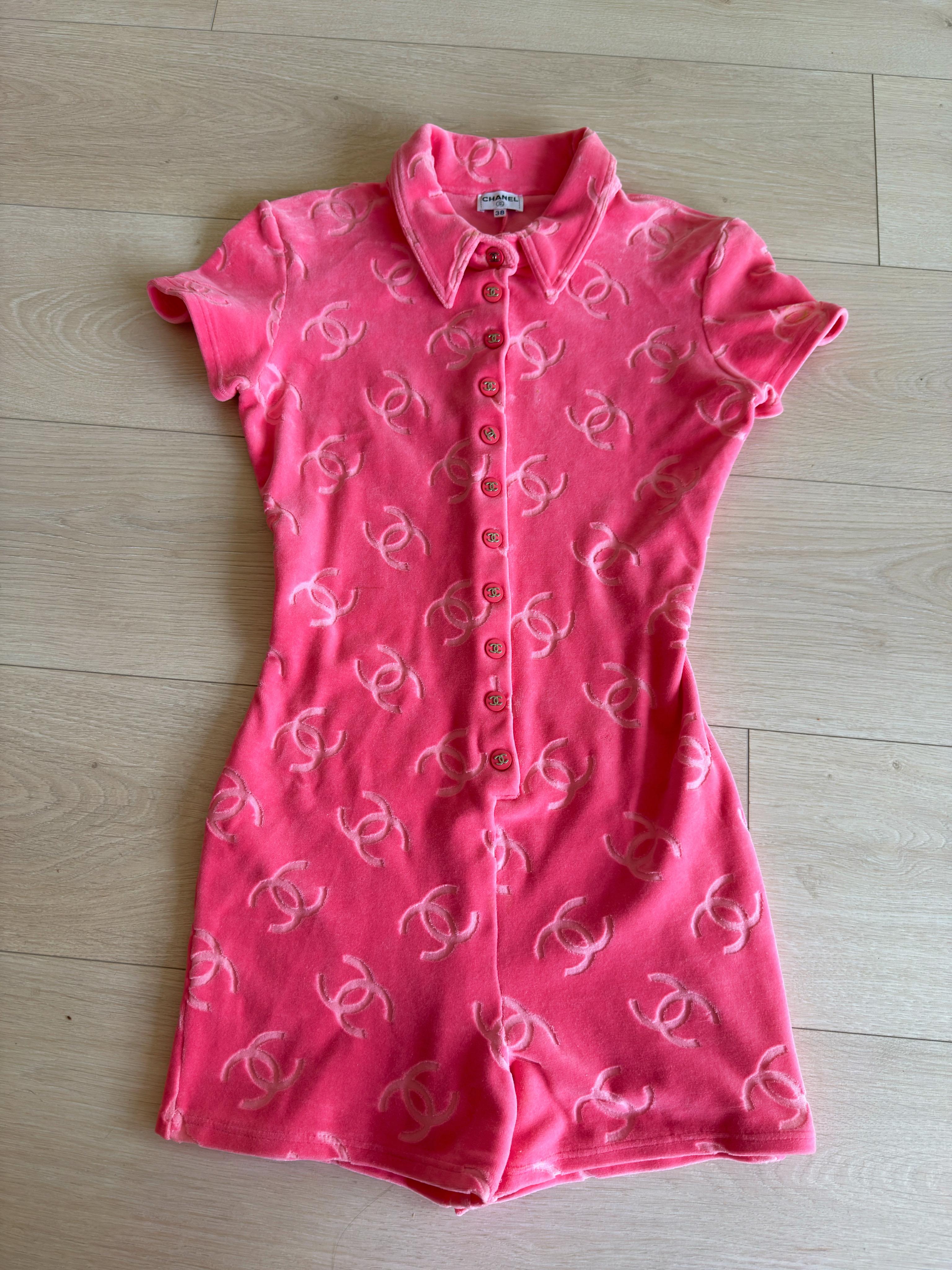 Chanel 1996 Velour Romper Rosa sz 38 en venta 10