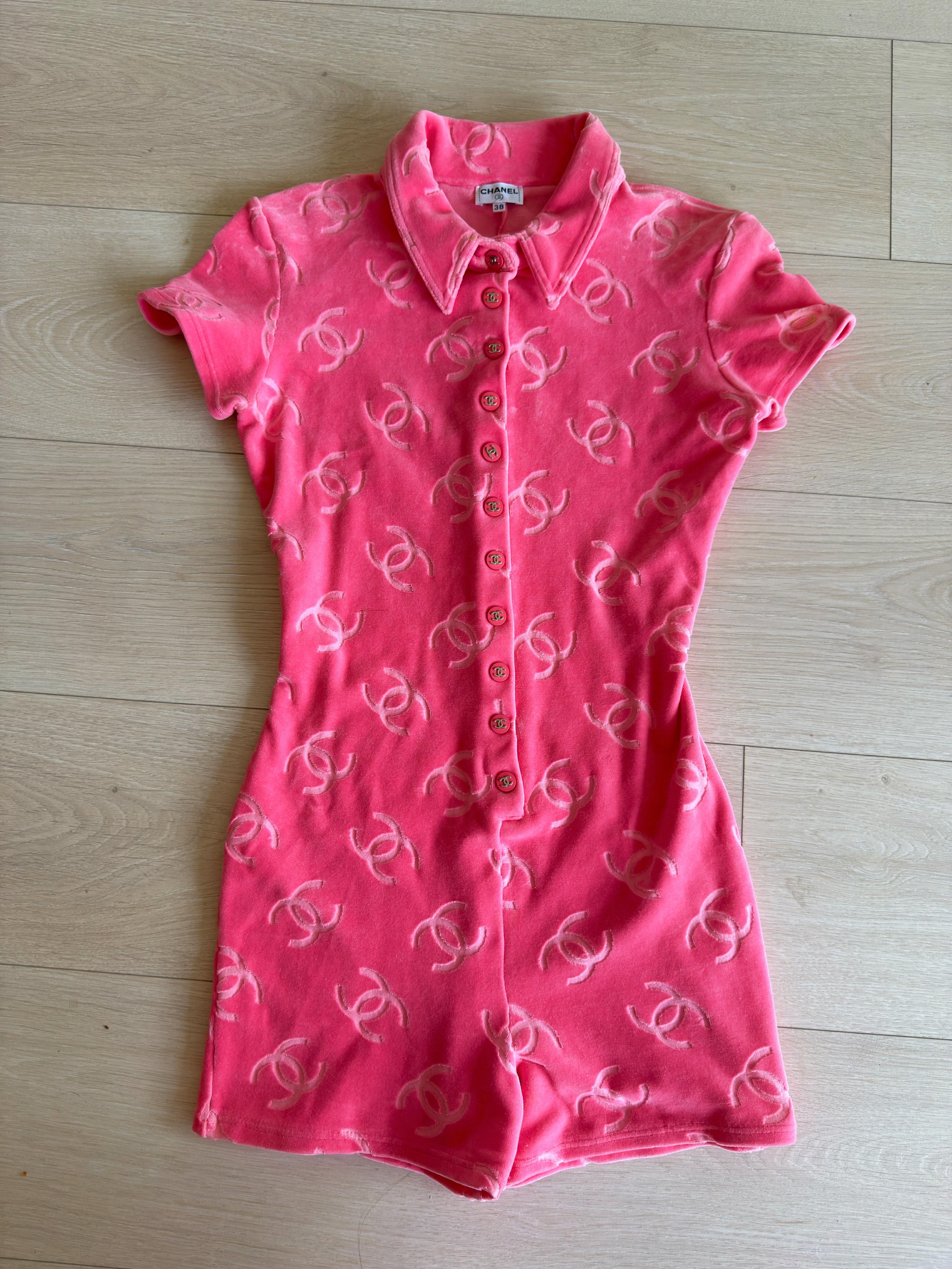 Chanel 1996 Velour Romper Rosa sz 38 en venta 1
