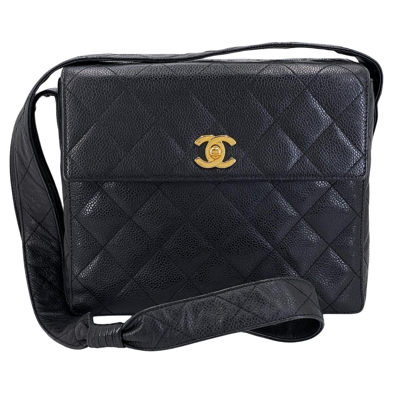 Chanel 1996 Vintage Black Caviar Box Crossbody Flap Bag 24k GHW 68643 For Sale