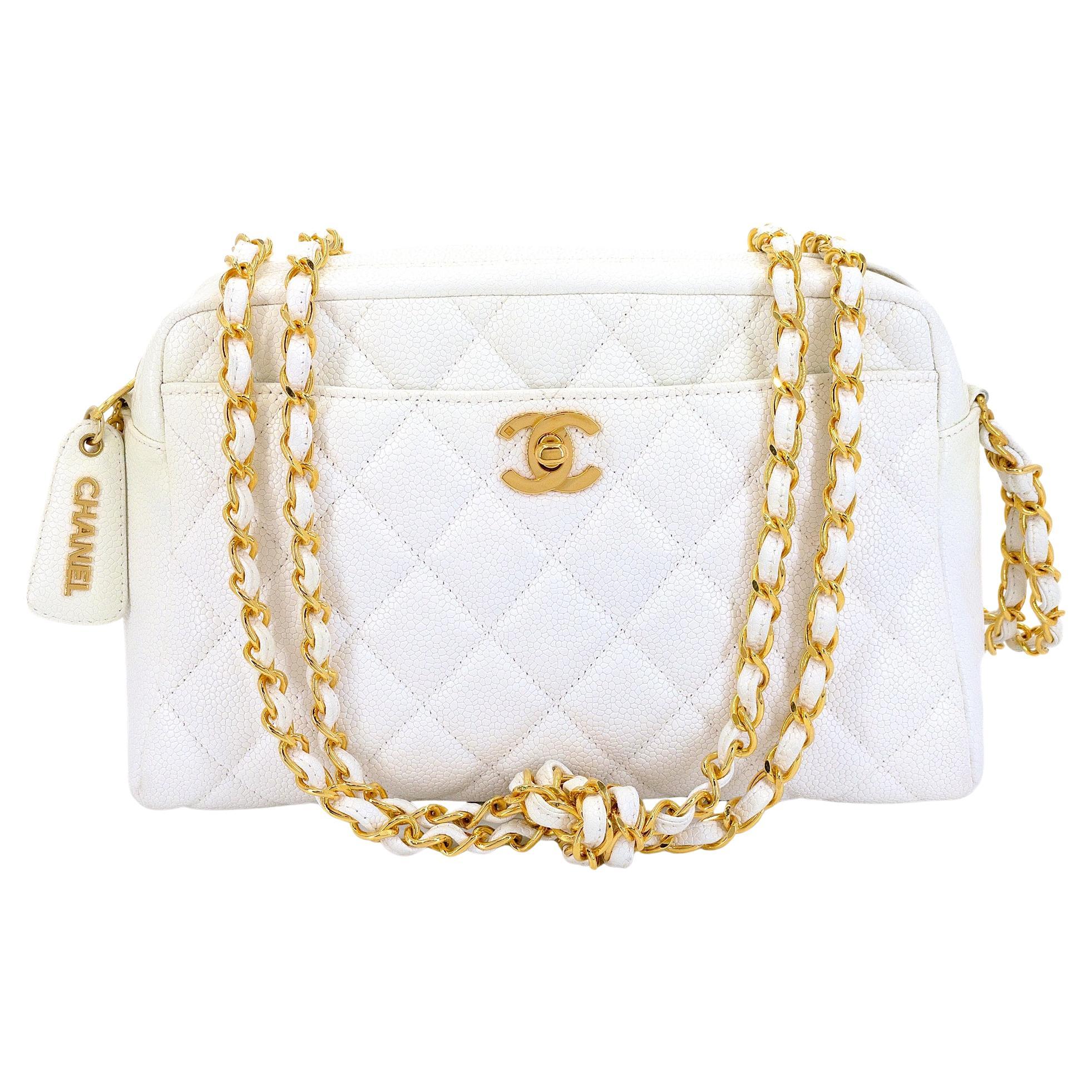 Chanel 1996 Vintage Weißer Kaviar Klassische Kameratasche Tasche CC Verschluss 24k GHW 68561